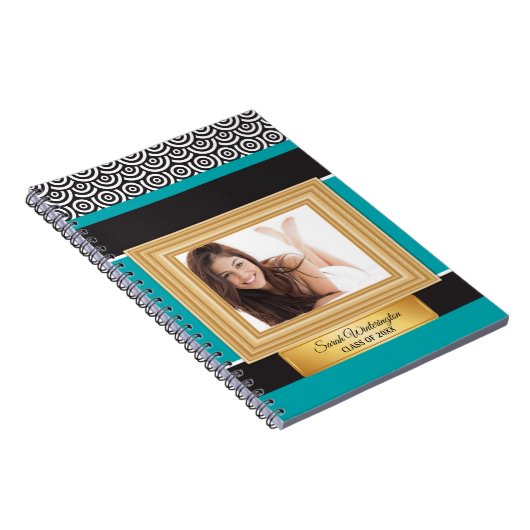 ティール（緑がかった色）ブラックと金ゴールドフォト卒業年表 ノートブック (右側)