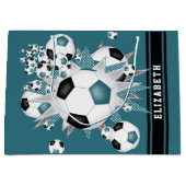 ティール（緑がかった色）ブラックのサッカーボールの打ちパーソナライズされた出 ラージペーパーバッグ (正面)