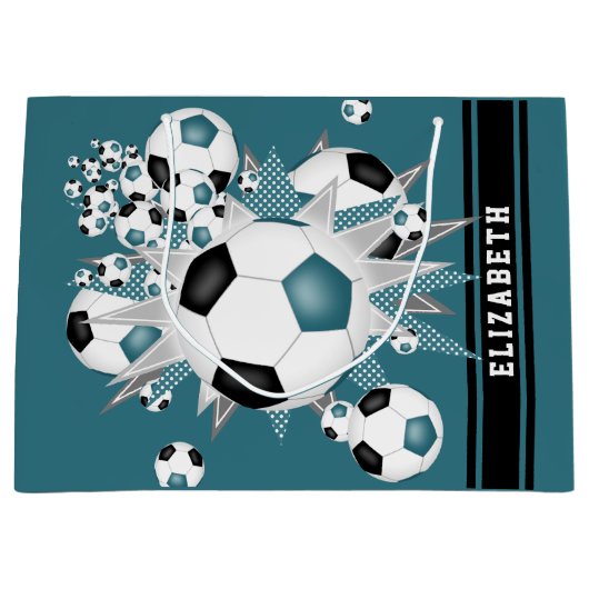 ティール（緑がかった色）ブラックのサッカーボールの打ちパーソナライズされた出 ラージペーパーバッグ (正面)