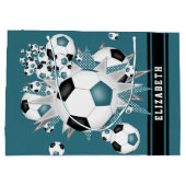 ティール（緑がかった色）ブラックのサッカーボールの打ちパーソナライズされた出 ラージペーパーバッグ (裏面)
