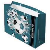 ティール（緑がかった色）ブラックのサッカーボールの打ちパーソナライズされた出 ラージペーパーバッグ (裏面アングル)