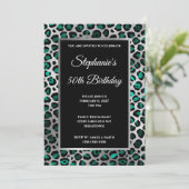ティール(緑がかった色)ブラックアンドシルバーレオパードグラム50誕生日 招待状 (スタンド正面)