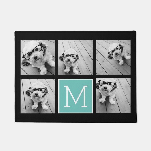 ティール（緑がかった色）&ブラックインスタグラム5フォトコラージモノグラム ドアマット (正面)