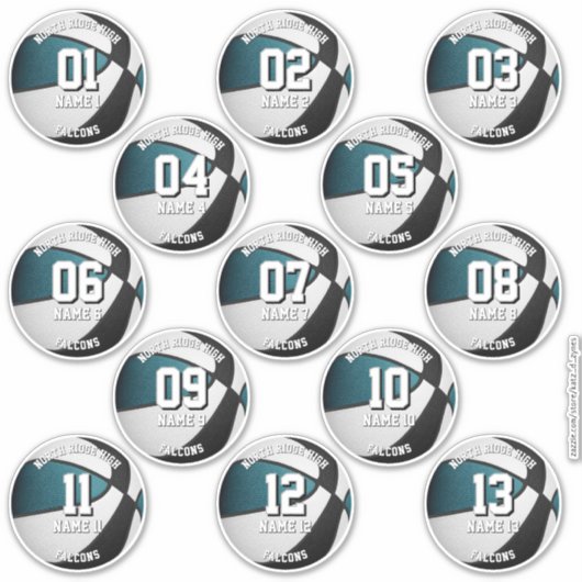 ティール（緑がかった色）ブラックカスタムバスケットボール選手の名前 シール (正面)