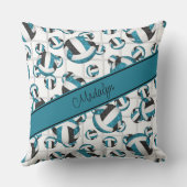 ティール（緑がかった色）ブラックガーリーバレーボール模様ネットアクセント クッション (裏面)