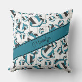 ティール（緑がかった色）ブラックガーリーバレーボール模様ネットアクセント クッション (正面)