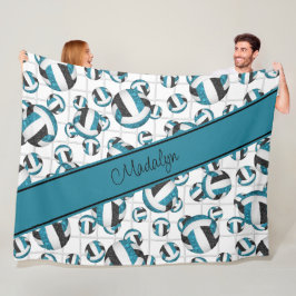 ティール（緑がかった色）ブラックガーリーバレーボール模様ネットアクセント フリースブランケット