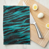 ティール（緑がかった色）&ブラックグラデーショングラムグリッタータイガーストライプズ キッチンタオル (四つ折り)