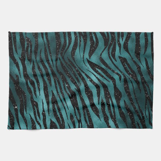 ティール（緑がかった色）&ブラックグラデーショングラムグリッタータイガーストライプズ キッチンタオル (横)