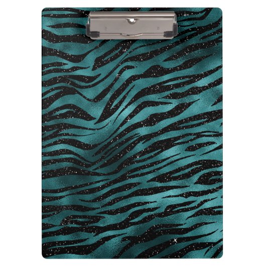 ティール（緑がかった色）&ブラックグラデーショングラムグリッタータイガーストライプズ クリップボード (正面)