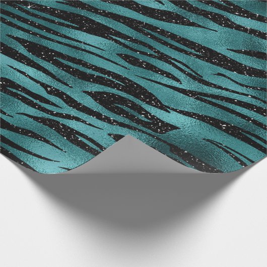 ティール(緑がかった色)&ブラックグラデーショングラムグリッタータイガーストライプズ ラッピングペーパー (角)