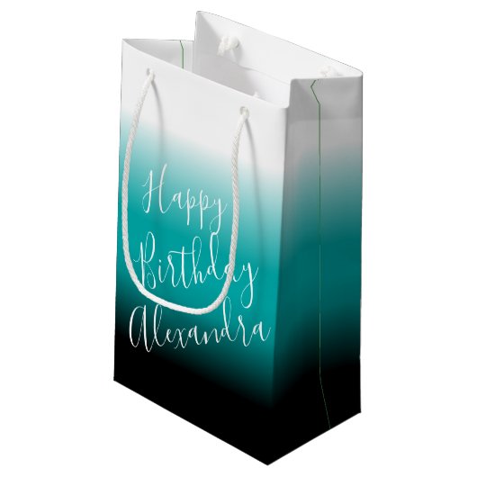 ティール（緑がかった色）ブラックグラデーション名前をカスタムする スモールペーパーバッグ (裏面アングル)