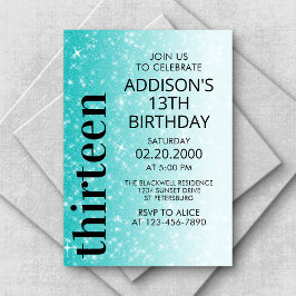 ティール（緑がかった色）ブラックグリッター誕生日 招待状