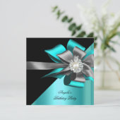 ティール(緑がかった色)ブラックグレーシルバーボウパールバースデーパーティー 招待状 (スタンド正面)