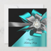 ティール(緑がかった色)ブラックグレーシルバーボウパールバースデーパーティー 招待状 (正面)