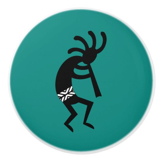 ティール（緑がかった色）&ブラックココペリパターンサウスウエストデザイン セラミックノブ (正面)