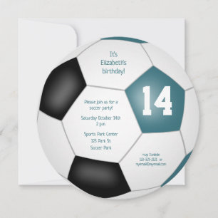 ティール(緑がかった色)ブラックサッカーをテーマにした誕生日パーティー 案内状