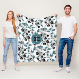 ティール（緑がかった色）ブラックサッカーボールのパタモノグラムのーン フリースブランケット
