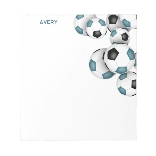 ティール（緑がかった色）ブラックサッカーボールアクセント名前をカスタムする ノートパッド (正面)