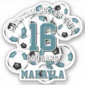 ティール(緑がかった色)ブラックサッカーボールクラスタチーム名 シール (正面)