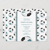 ティール(緑がかった色)ブラックサッカーボールパターン誕生日パーティー 招待状 (正面/裏面)
