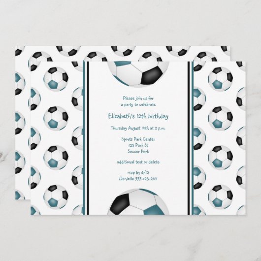 ティール(緑がかった色)ブラックサッカーボールパターン誕生日パーティー 招待状 (正面/裏面)