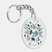 ティール(緑がかった色)ブラックサッカーボール吹出し女の子ジャージー番号 キーホルダー (正面左)