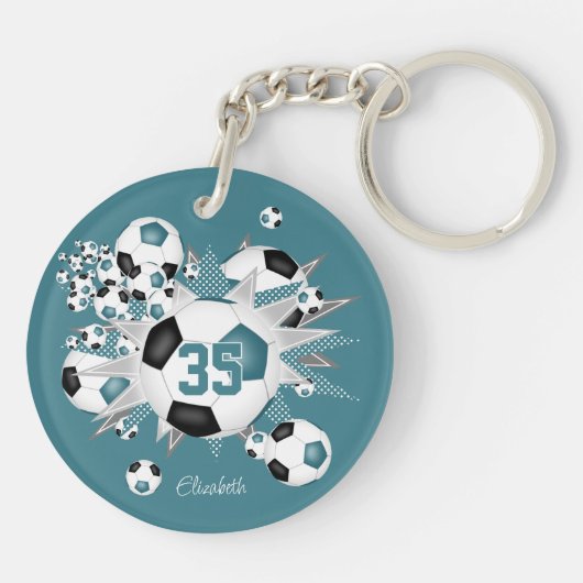 ティール(緑がかった色)ブラックサッカーボール吹出し女の子ジャージー番号 キーホルダー (裏面)