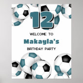 ティール（緑がかった色）ブラックサッカーボール女の子の男の子の誕生日パーティー ポスター (正面)