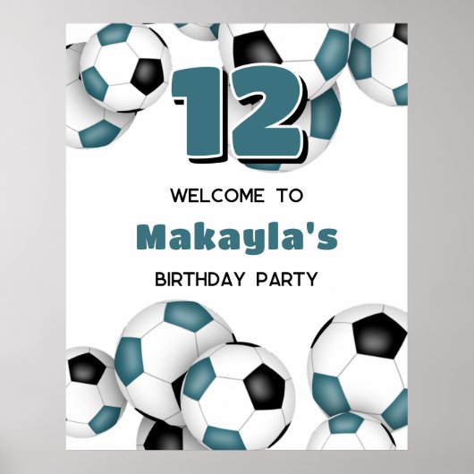 ティール（緑がかった色）ブラックサッカーボール女の子の男の子の誕生日パーティー ポスター (正面)