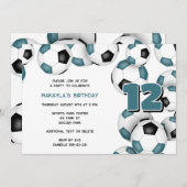 ティール（緑がかった色）ブラックサッカーボール子供の誕生日パーティー 招待状 (正面/裏面)