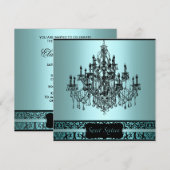 ティール(緑がかった色)ブラックシャンデリアスウィート16バースデーパーティー 招待状 (正面/裏面)