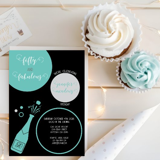 ティール(緑がかった色)ブラックシャンパン50と素晴らしい誕生日 招待状