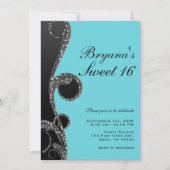 ティール(緑がかった色)&ブラックシルバーグリッタースワールスウィート16パーティー 招待状 (正面)