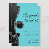 ティール(緑がかった色)&ブラックシルバーグリッタースワールスウィート16パーティー 招待状 (正面/裏面)