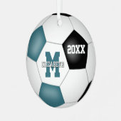 ティール(緑がかった色)ブラックスクールクラブチームカラー記念サッカー メタルオーナメント (正面左)