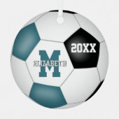 ティール(緑がかった色)ブラックスクールクラブチームカラー記念サッカー メタルオーナメント (正面)