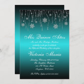 ティール(緑がかった色)ブラックスノーフレークキンセアニェラバースデーパーティー 招待状 (正面/裏面)
