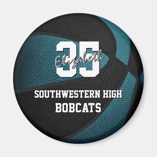 ティール（緑がかった色）ブラックスポーツチームのカラーギフトバスケットボール マグネット (正面)