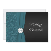 ティール（緑がかった色）&ブラックダマスクモノグラム結婚式招待状