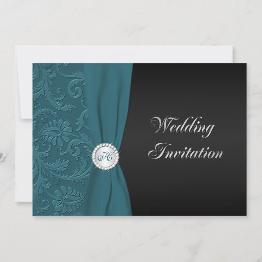 ティール(緑がかった色)&ブラックダマスクモノグラム結婚式招待状 招待状 (正面)