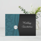 ティール(緑がかった色)&ブラックダマスクモノグラム結婚式招待状 招待状 (スタンド正面)