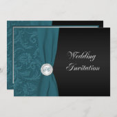 ティール(緑がかった色)&ブラックダマスクモノグラム結婚式招待状 招待状 (正面/裏面)