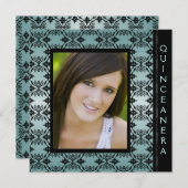 ティール（緑がかった色）ブラックダマスク写真スウィート15キンセアニェラ 招待状 (正面/裏面)