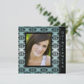 ティール（緑がかった色）ブラックダマスク写真スウィート15キンセアニェラ 招待状 (スタンド正面)