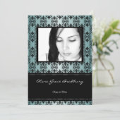 ティール（緑がかった色）ブラックダマスク写真卒業発表 招待状 (スタンド正面)