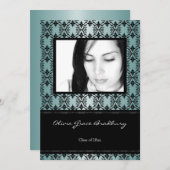 ティール（緑がかった色）ブラックダマスク写真卒業発表 招待状 (正面/裏面)