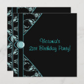 ティール（緑がかった色）ブラックダマスク女性21st誕生日パーティー 招待状 (正面/裏面)