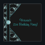 ティール（緑がかった色）ブラックダマスク女性21st誕生日パーティー 招待状<br><div class="desc">ティール（緑がかった色）ブルーダマスクと黒人女性の21歳の誕生日パーティの招待状。</div>