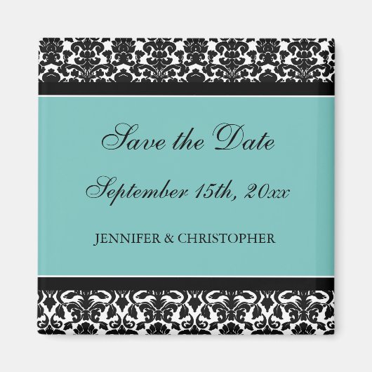 ティール（緑がかった色）ブラックダマスク日付磁石を保存 マグネット (正面)